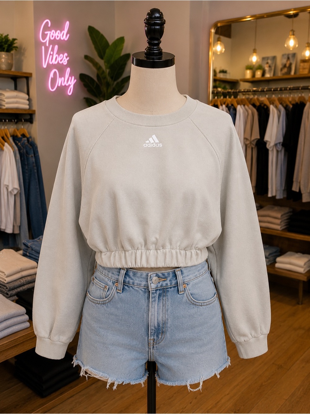adidas light teal Gray Cropped Crewneck Sweatshirt - Picture 1 of 6
